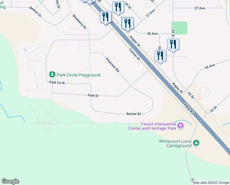 map of restaurants, bars, coffee shops, grocery stores, and more near 6 Park Drive in Whitecourt