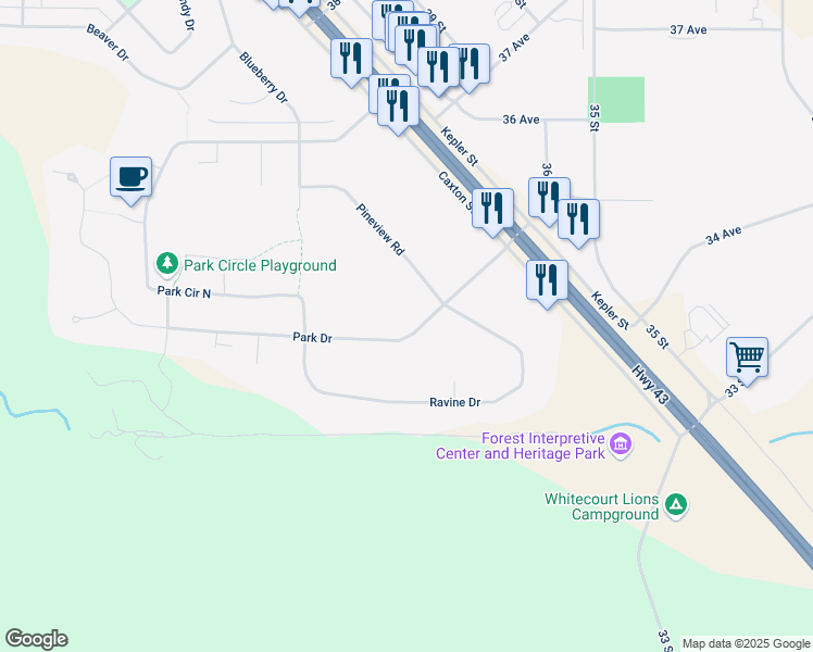 map of restaurants, bars, coffee shops, grocery stores, and more near 6 Park Drive in Whitecourt