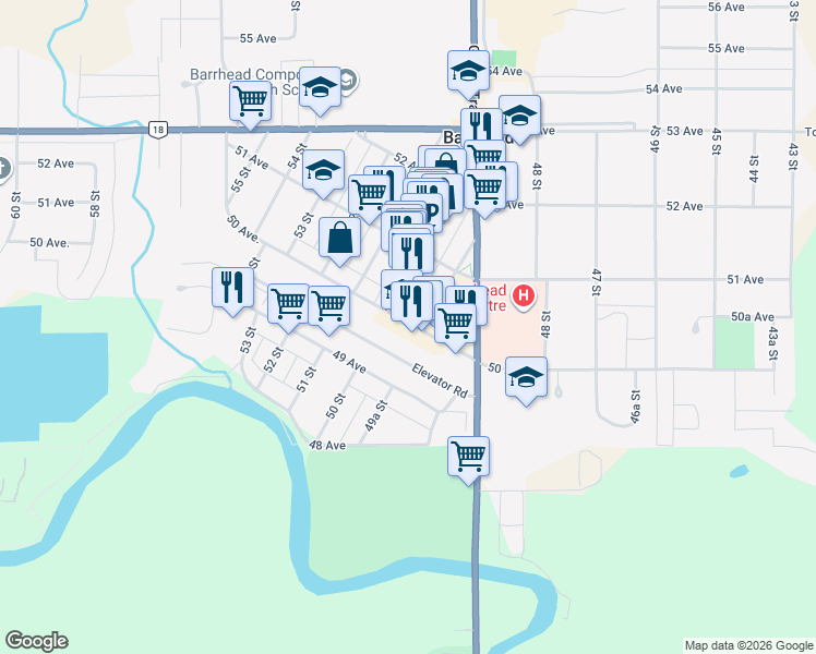map of restaurants, bars, coffee shops, grocery stores, and more near 4925 50 Ave in Barrhead