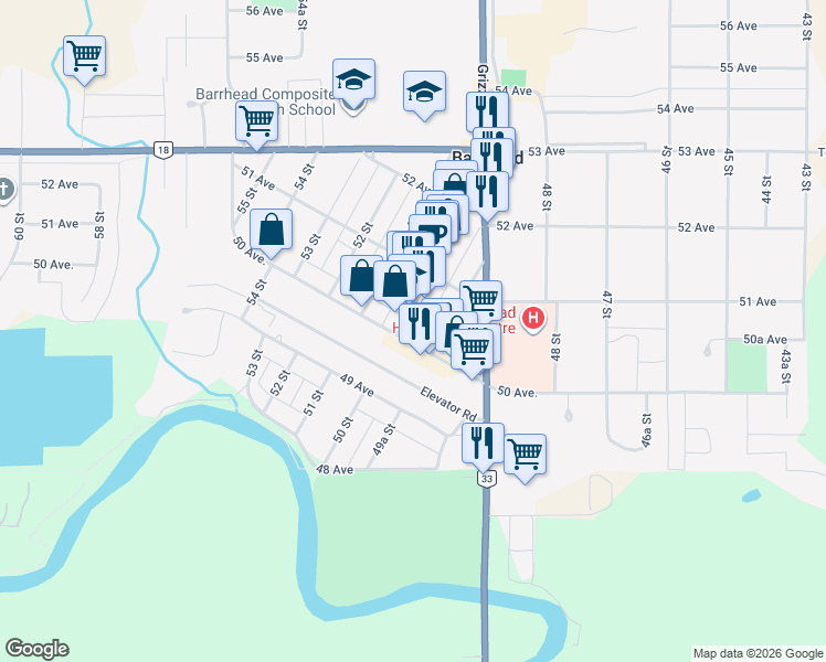 map of restaurants, bars, coffee shops, grocery stores, and more near 4925 50 Avenue in Barrhead