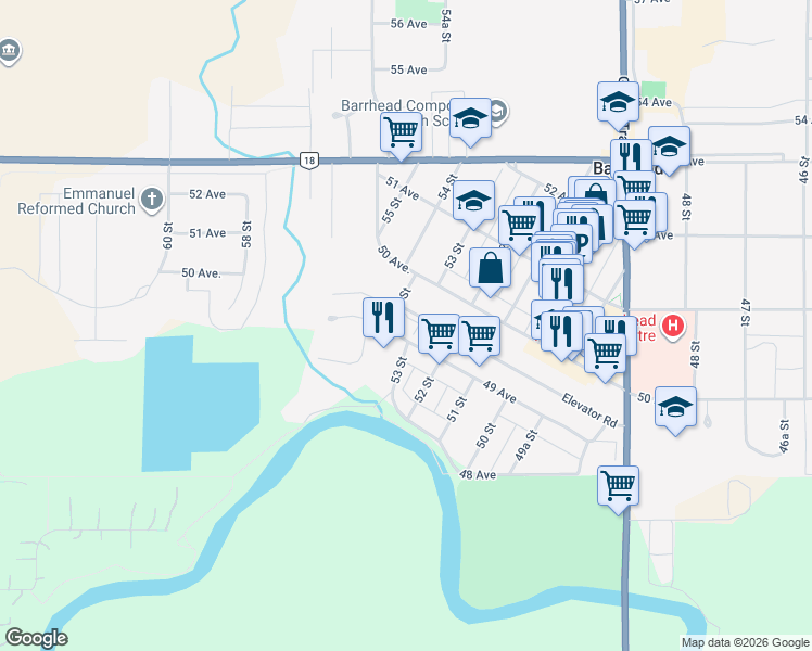 map of restaurants, bars, coffee shops, grocery stores, and more near 5330 49 Avenue in Barrhead