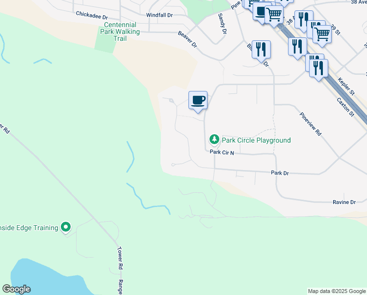 map of restaurants, bars, coffee shops, grocery stores, and more near 91 Park Drive in Whitecourt