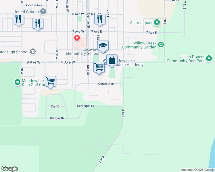 map of restaurants, bars, coffee shops, grocery stores, and more near 216 Centre Avenue in Meadow Lake