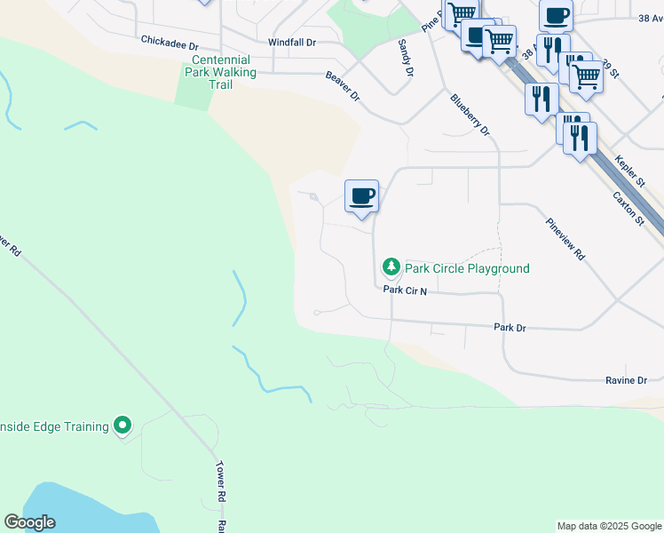 map of restaurants, bars, coffee shops, grocery stores, and more near 91 Park Drive in Whitecourt