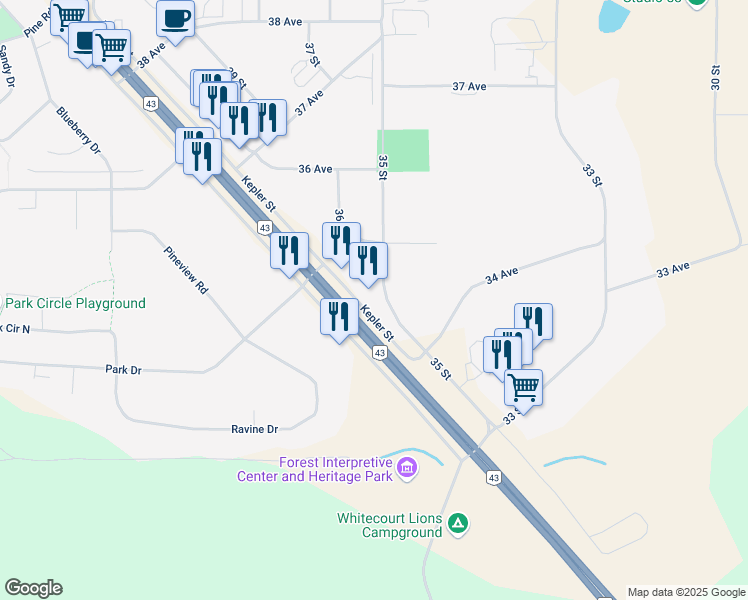 map of restaurants, bars, coffee shops, grocery stores, and more near 3405 Kepler Street in Whitecourt
