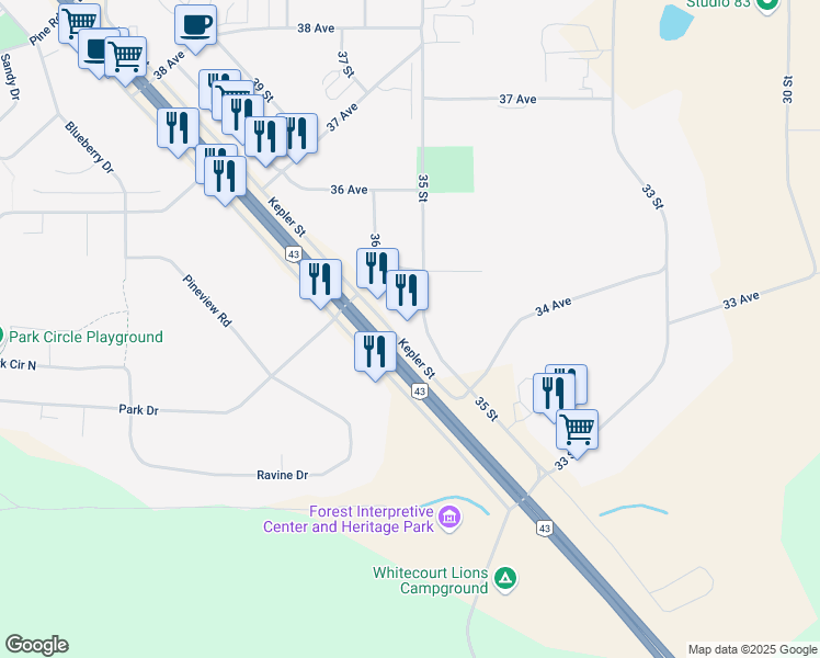 map of restaurants, bars, coffee shops, grocery stores, and more near 3405 Kepler Street in Whitecourt