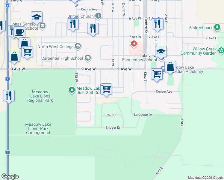map of restaurants, bars, coffee shops, grocery stores, and more near 39 Dunfield Crescent in Meadow Lake