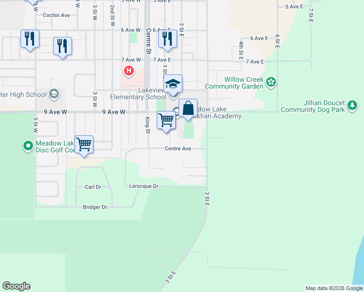 map of restaurants, bars, coffee shops, grocery stores, and more near 216 Centre Avenue in Meadow Lake