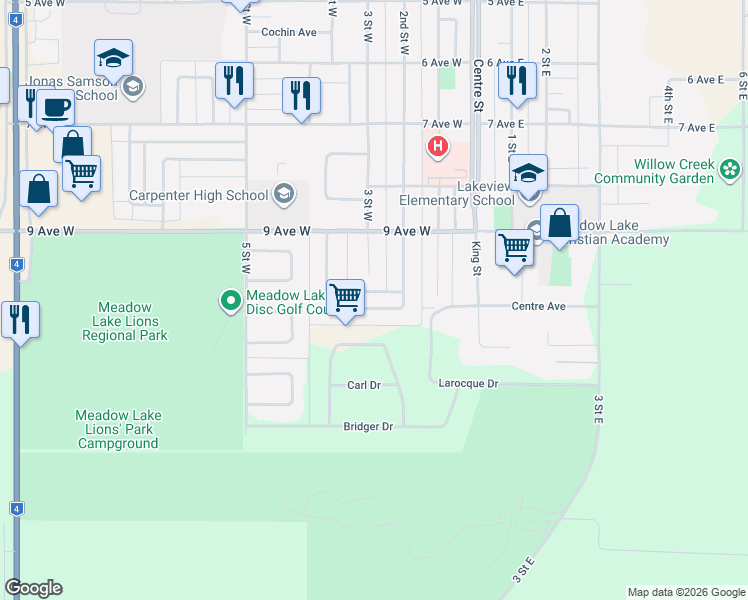 map of restaurants, bars, coffee shops, grocery stores, and more near 39 Dunfield Crescent in Meadow Lake