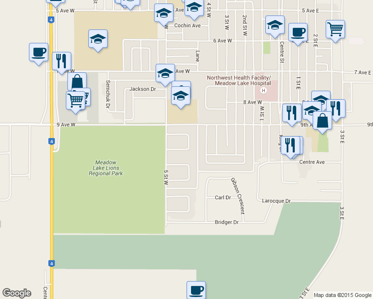 map of restaurants, bars, coffee shops, grocery stores, and more near Stack Crescent in Meadow Lake