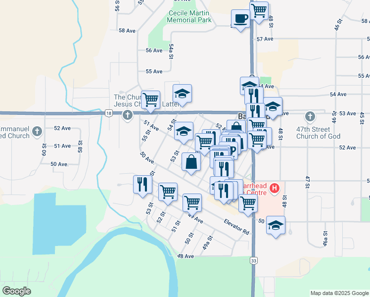 map of restaurants, bars, coffee shops, grocery stores, and more near 5021 53 Street in Barrhead