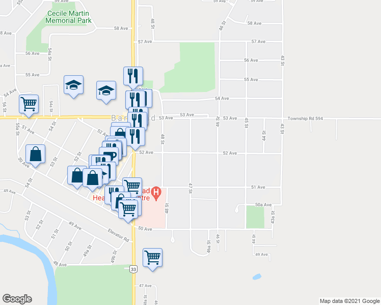 map of restaurants, bars, coffee shops, grocery stores, and more near 47 Street in Barrhead