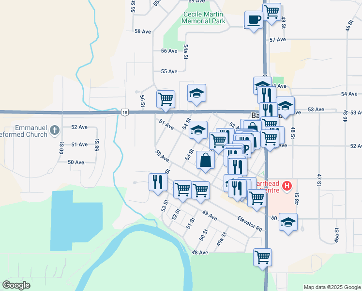 map of restaurants, bars, coffee shops, grocery stores, and more near 5017 54 Street in Barrhead
