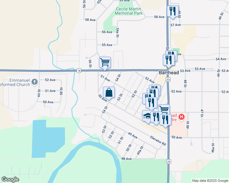map of restaurants, bars, coffee shops, grocery stores, and more near 5017 54 Street in Barrhead