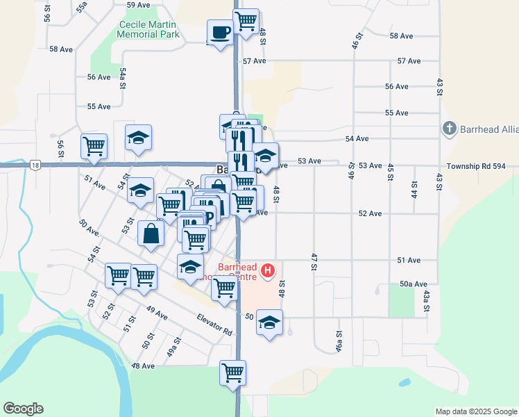 map of restaurants, bars, coffee shops, grocery stores, and more near 4810 52 Avenue in Barrhead
