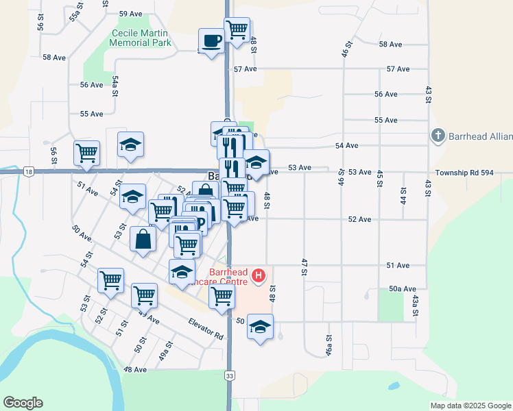 map of restaurants, bars, coffee shops, grocery stores, and more near 4810 52 Avenue in Barrhead