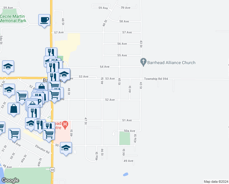 map of restaurants, bars, coffee shops, grocery stores, and more near 5210 45 Street in Barrhead