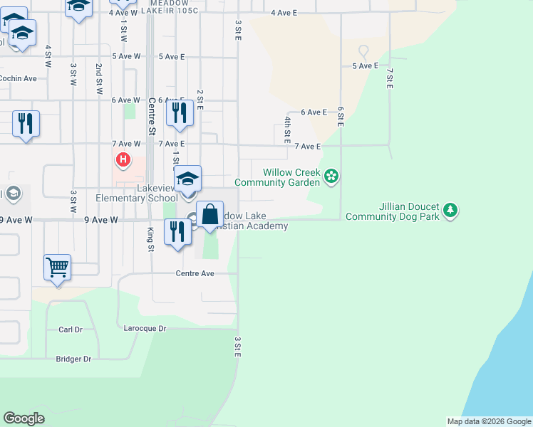 map of restaurants, bars, coffee shops, grocery stores, and more near 417 9 Street East in Meadow Lake