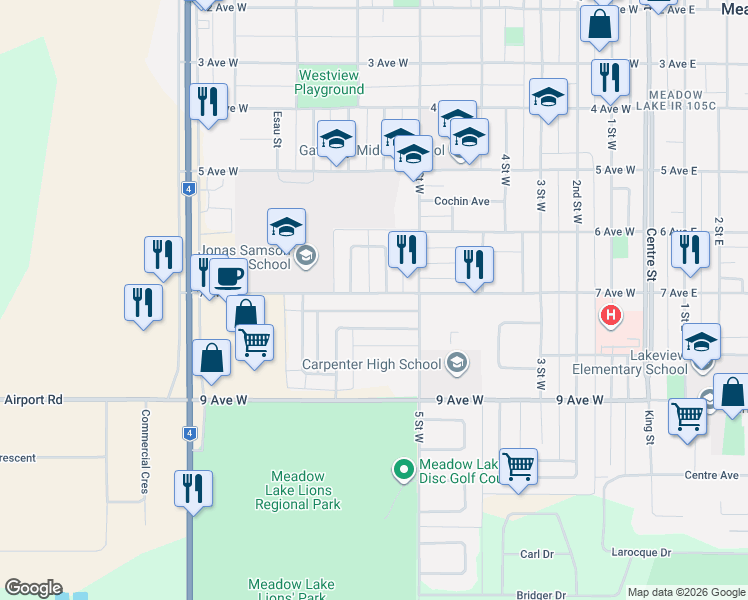 map of restaurants, bars, coffee shops, grocery stores, and more near 702 7 Avenue West in Meadow Lake