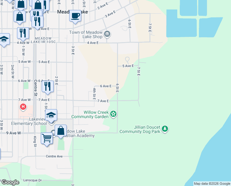 map of restaurants, bars, coffee shops, grocery stores, and more near 702 6 Street East in Meadow Lake