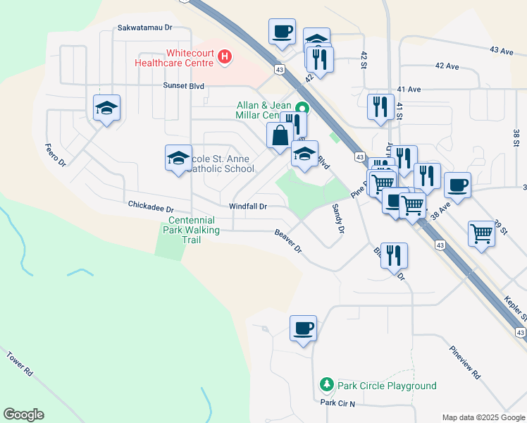 map of restaurants, bars, coffee shops, grocery stores, and more near 29 Windfall Drive in Whitecourt