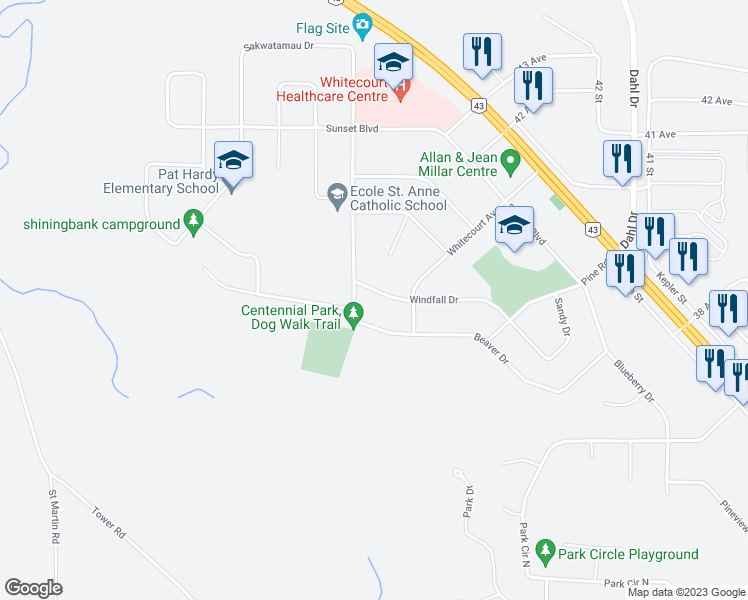 map of restaurants, bars, coffee shops, grocery stores, and more near 7 Windfall Drive in Whitecourt
