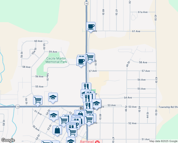 map of restaurants, bars, coffee shops, grocery stores, and more near 5629 49 Street in Barrhead