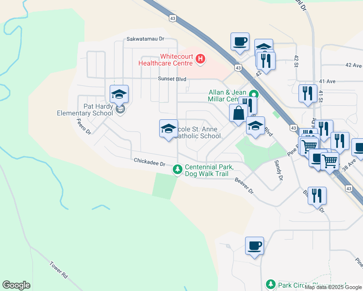 map of restaurants, bars, coffee shops, grocery stores, and more near 3807 47 Street in Whitecourt