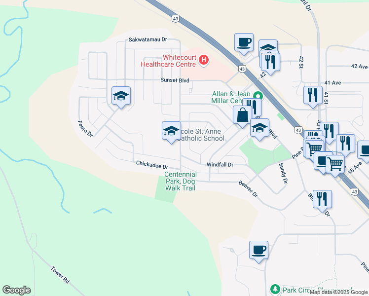 map of restaurants, bars, coffee shops, grocery stores, and more near 3807 47 Street in Whitecourt