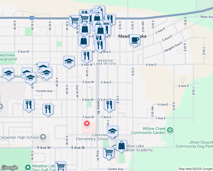 map of restaurants, bars, coffee shops, grocery stores, and more near 501 1 Street East in Meadow Lake