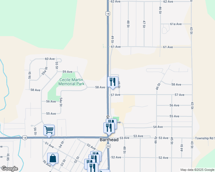 map of restaurants, bars, coffee shops, grocery stores, and more near 5629 49 Street in Barrhead