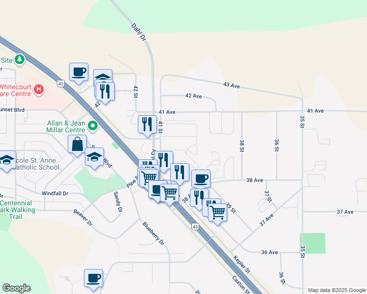 map of restaurants, bars, coffee shops, grocery stores, and more near 94 Hillpark Trailer Park in Whitecourt