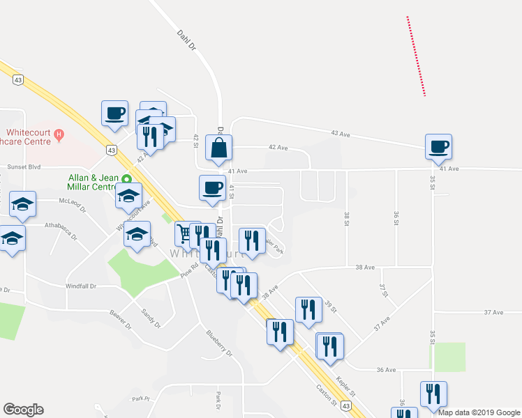 map of restaurants, bars, coffee shops, grocery stores, and more near 94 Hillpark Trailer Park in Whitecourt