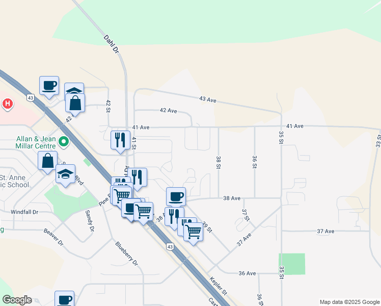 map of restaurants, bars, coffee shops, grocery stores, and more near 12 Evergreen Crescent in Whitecourt