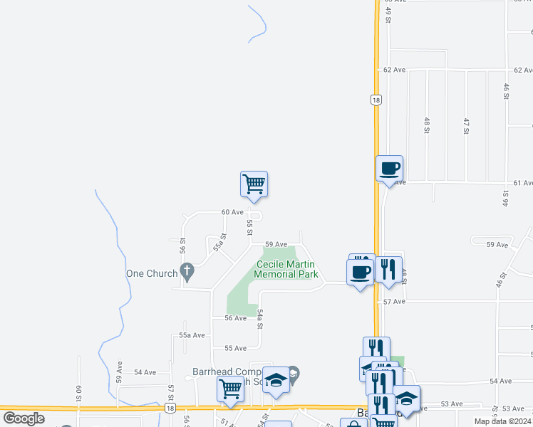 map of restaurants, bars, coffee shops, grocery stores, and more near 5402 60 Avenue in Barrhead