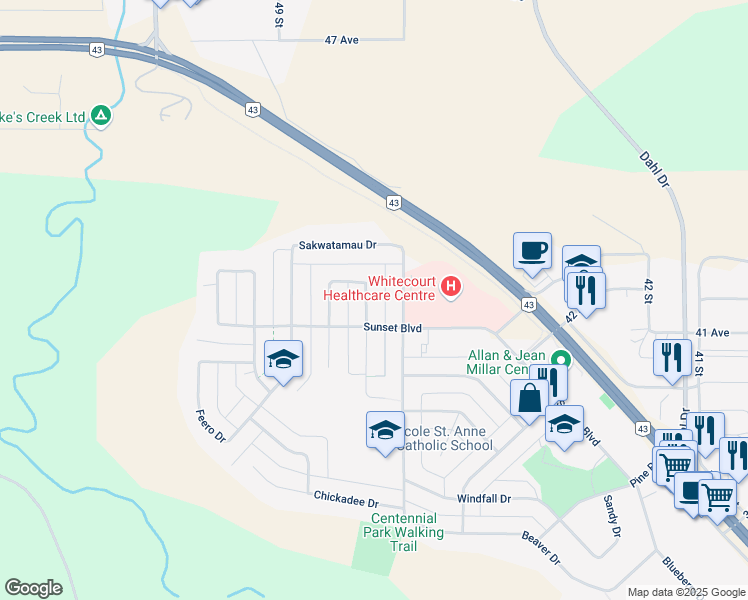 map of restaurants, bars, coffee shops, grocery stores, and more near 7 Kallbom Crescent in Whitecourt