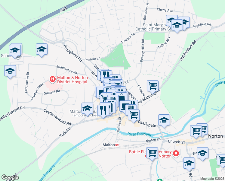 map of restaurants, bars, coffee shops, grocery stores, and more near in Malton