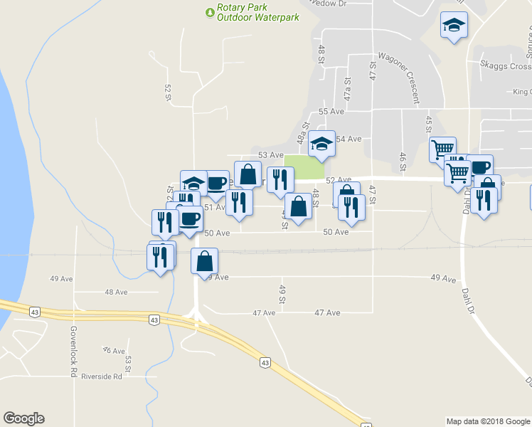 map of restaurants, bars, coffee shops, grocery stores, and more near 4919 51 Avenue in Whitecourt