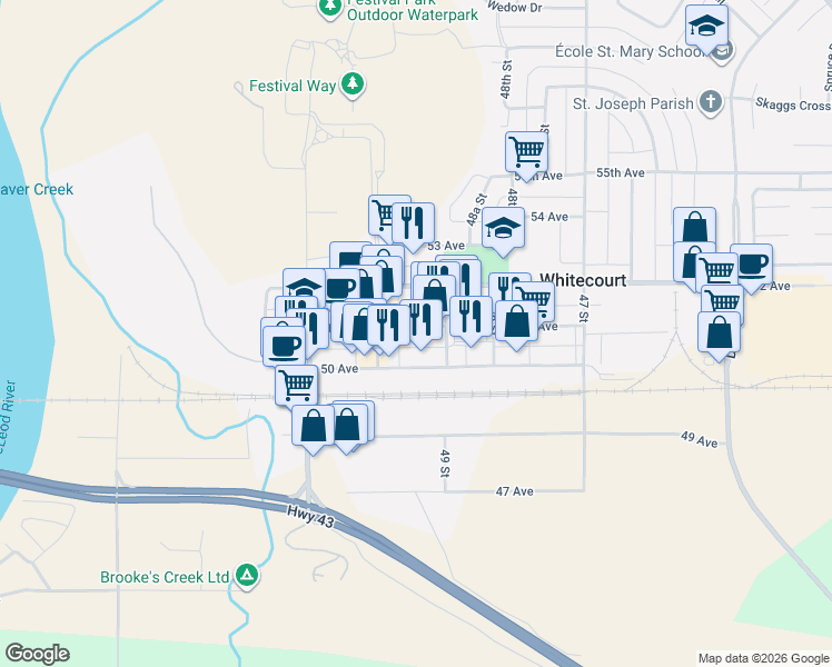 map of restaurants, bars, coffee shops, grocery stores, and more near 4919 51 Avenue in Whitecourt