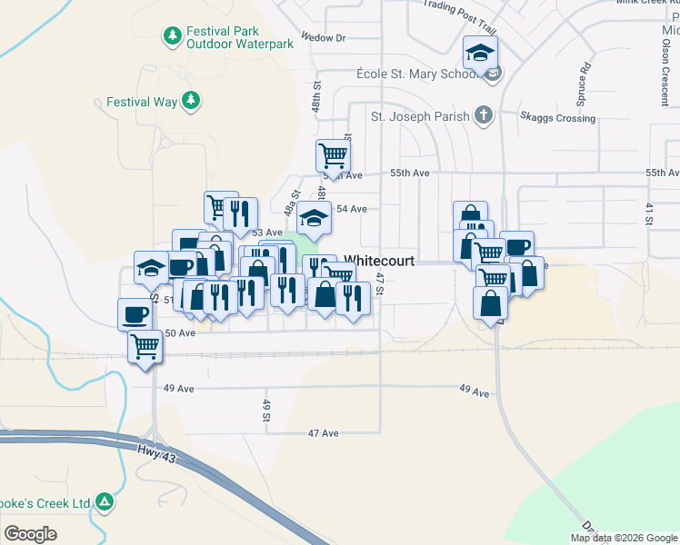 map of restaurants, bars, coffee shops, grocery stores, and more near 4731 52 Avenue in Whitecourt