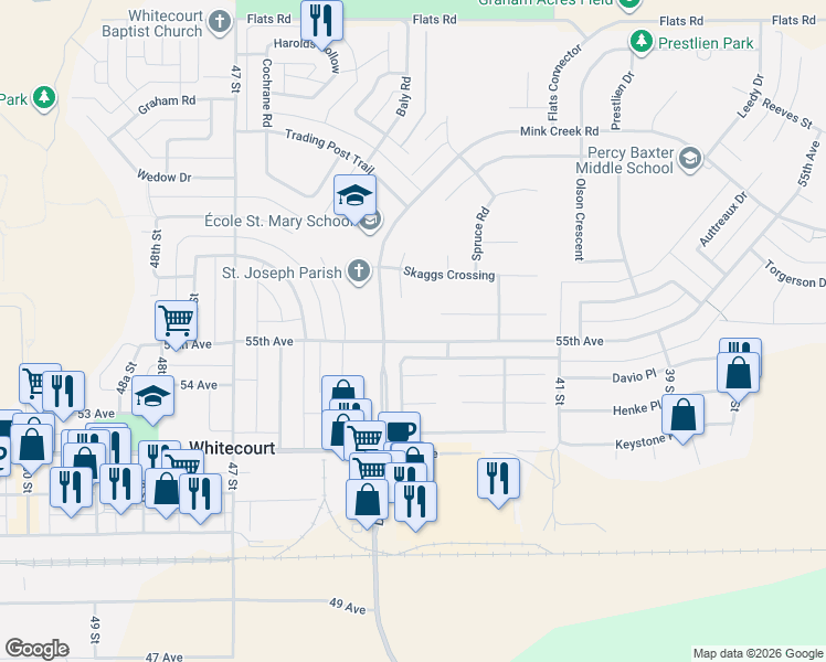 map of restaurants, bars, coffee shops, grocery stores, and more near 4330 55 Avenue in Whitecourt
