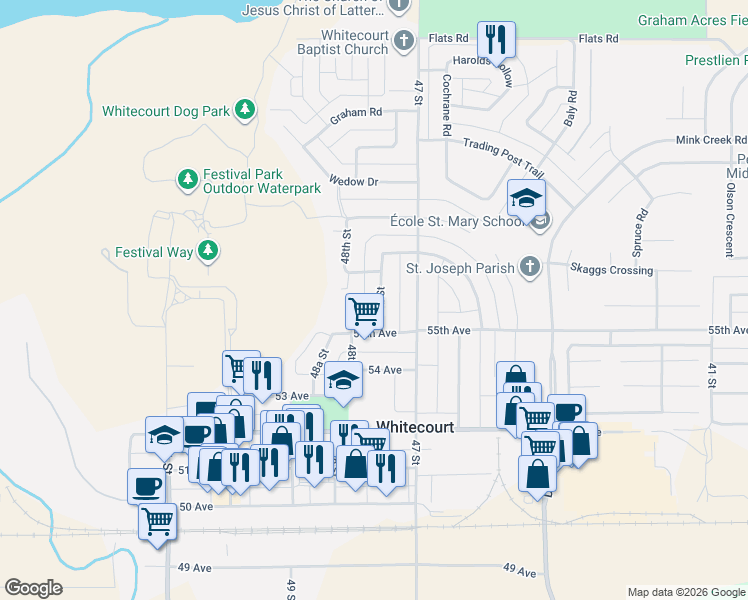 map of restaurants, bars, coffee shops, grocery stores, and more near 5520 47A Street in Whitecourt