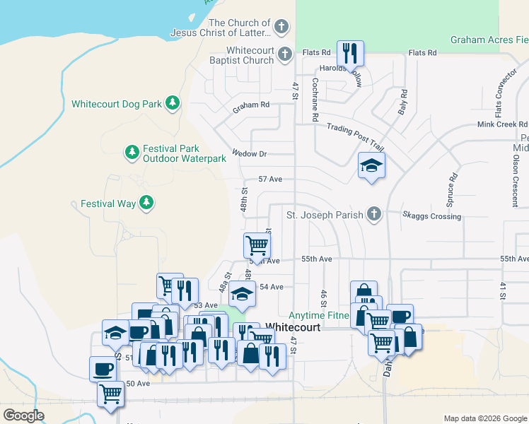 map of restaurants, bars, coffee shops, grocery stores, and more near 5604 47A Street in Whitecourt