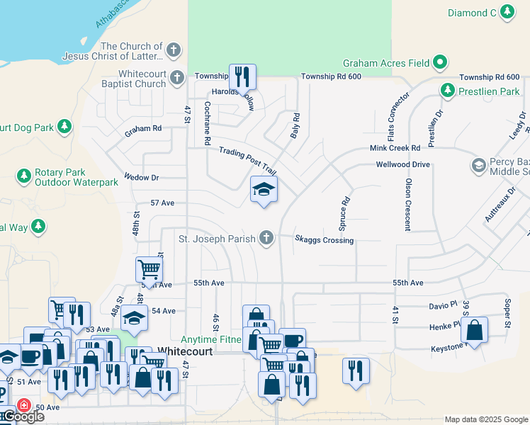 map of restaurants, bars, coffee shops, grocery stores, and more near 5630 Mink Creek Road in Whitecourt