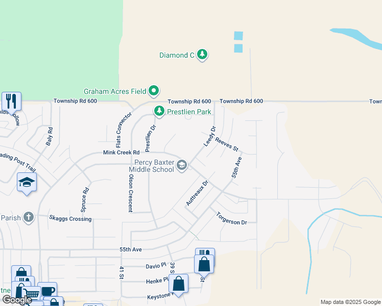 map of restaurants, bars, coffee shops, grocery stores, and more near 100 Mink Creek Road in Whitecourt