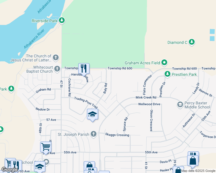 map of restaurants, bars, coffee shops, grocery stores, and more near 25 Baly Road in Whitecourt