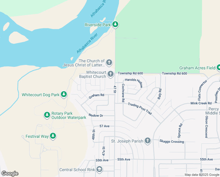 map of restaurants, bars, coffee shops, grocery stores, and more near 6240 47 Street in Whitecourt
