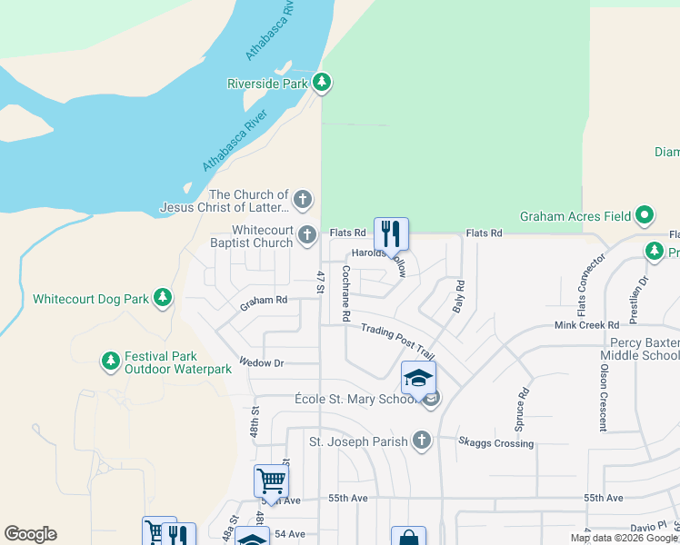 map of restaurants, bars, coffee shops, grocery stores, and more near 98 Harolds Hollow in Whitecourt