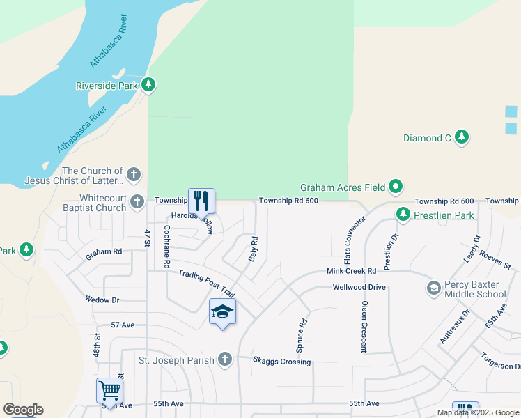 map of restaurants, bars, coffee shops, grocery stores, and more near 45 Baly Road in Whitecourt