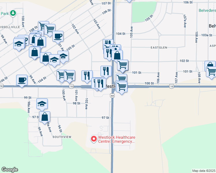map of restaurants, bars, coffee shops, grocery stores, and more near in Westlock